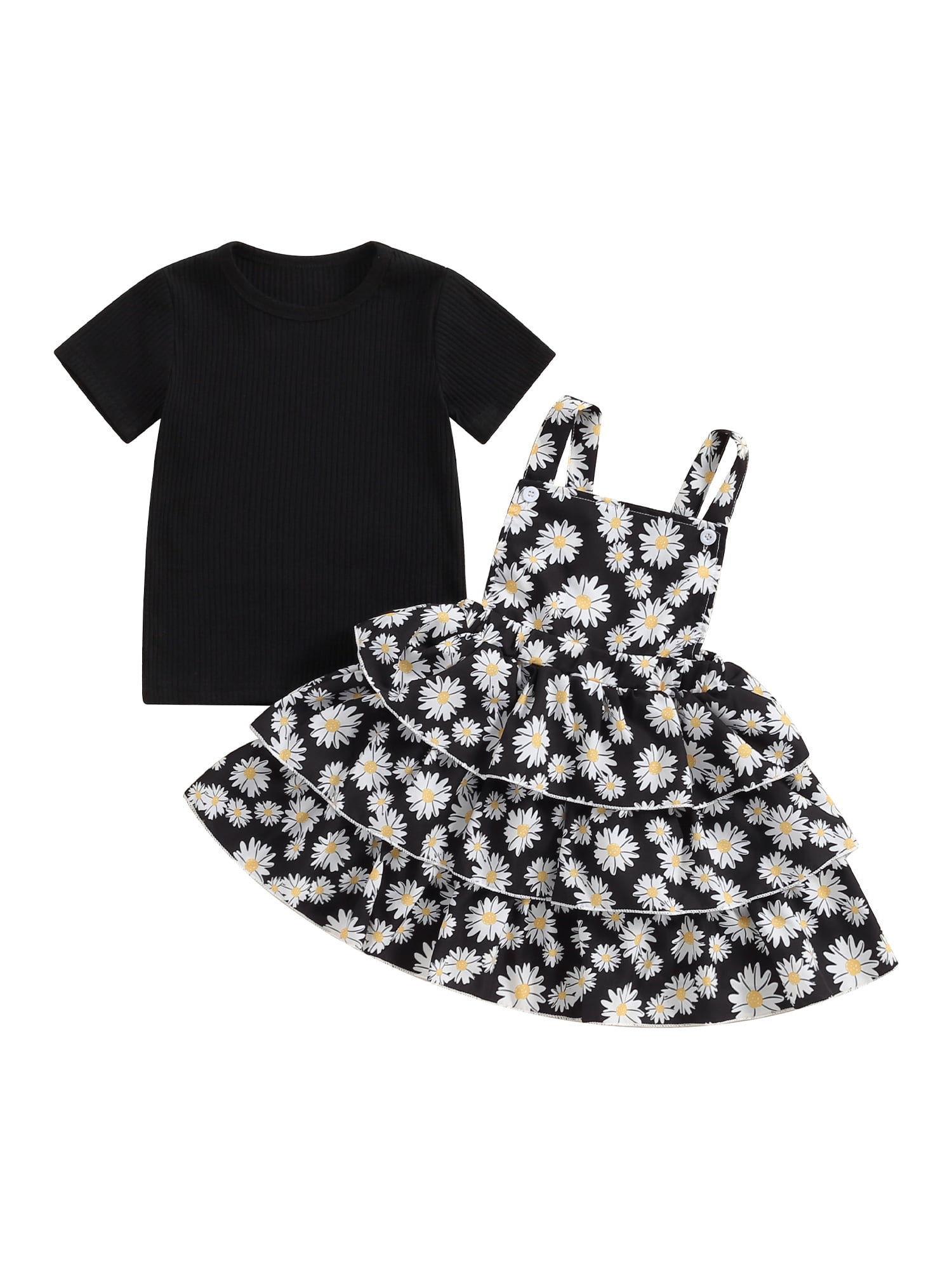 Bagilaanoe 2Pcs Toddler Baby Girls Overalls Dress Set Ribbed Short