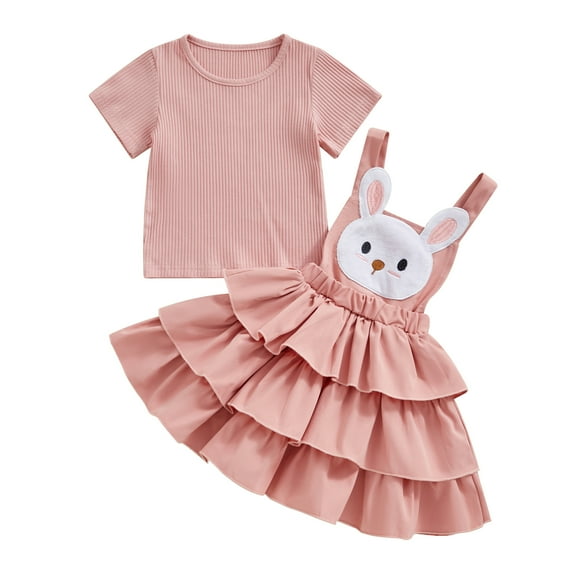 Bagilaanoe 2Pcs Toddler Baby Girls Overalls Dress Set Short Sleeve T-shirt Tops + Layered Suspender Skirt 18M 24M 3T 4T 5T 6T Kids Casual Clothes