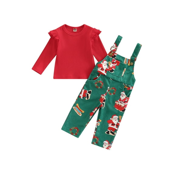 Bagilaanoe 2Pcs Toddler Baby Girls Overalls Pants Set Ruffle Long Sleeve T Shirt Tops + Christmas Santa Print Suspender Trousers 1T 2T 3T 4T 5T 6T Kid Christmas Outfits