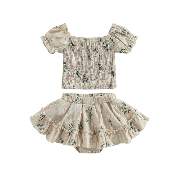 Bagilaanoe 2Pcs Toddler Baby Girls Skirt Set Floral Print Short Sleeve Ruched Tops   Lined Shorts Skirts 9M 12M 18M 24M 3T 4T Kids Summer Casual Outfits