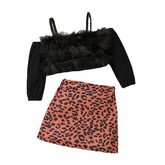 Bagilaanoe 2Pcs Toddler Baby Girls Skirt Set Plush Off-Shoulder Long Sleeve Crop Tops + Leopard Print Mini Skirts 1T 2T 3T 4T 5T 6T Kids Casual Outfits