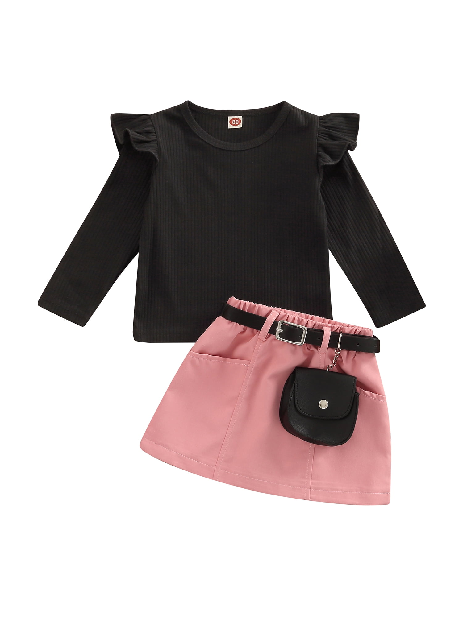 Bagilaanoe 2Pcs Toddler Baby Girls Skirt Set Ruffle Long Sleeve T Shirt Tops + ALine Skirt with