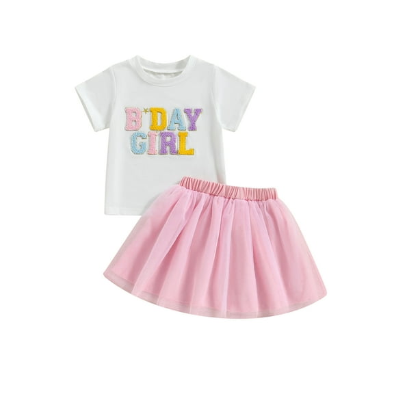 Bagilaanoe 2Pcs Toddler Baby Girls Summer Clothes Letters Embroidery Short Sleeve T Shirt Tops   Tutu A-Line Skirt 1T 2T 3T 4T 5T 6T Kids Casual Skirt Set