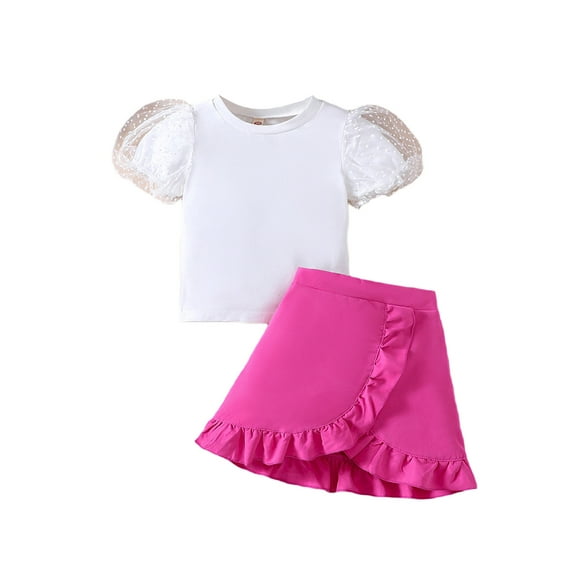 Bagilaanoe 2Pcs Toddler Baby Girls Summer Clothes Mesh Short Puff Sleeves Tops + Ruffled Mini Skirts Kids Casual Skirt Set