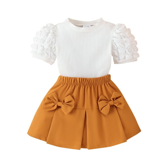 Bagilaanoe 2Pcs Toddler Baby Girls Summer Clothes Ribbed Puff Sleeve T-Shirts Tops   Mini Skirt 6M 12M 18M 24M 3T 4T Kids Casual Skirt Set