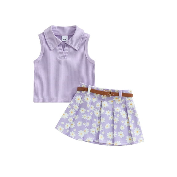Bagilaanoe 2Pcs Toddler Baby Girls Summer Clothes Ribbed Sleeveless Tank Tops + Pleated Skirt with Belt 6M 12M 18M 24M 3T 4T Kids Casual Skirt Set