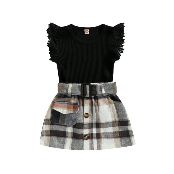 Bagilaanoe 2Pcs Toddler Baby Girls Summer Outfits Flying Sleeve T-Shirt Tops +Plaid Skirt with Belt 9M 12M 18M 24M 3T 4T Kids Casual Skirts Set