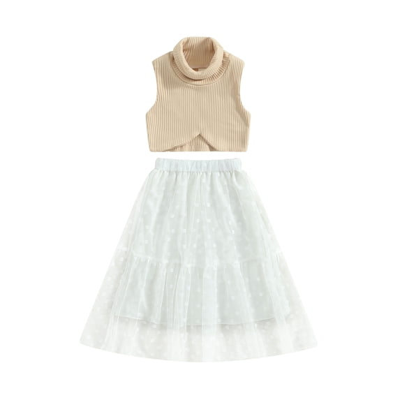 Bagilaanoe 2Pcs ToddlerBaby Girls Skirt Set Turtleneck Ribbed Sleeveless Tank Tops + Mesh Skirt 6M 12M 2T 3T 4T 5T Kids Casual Outfits