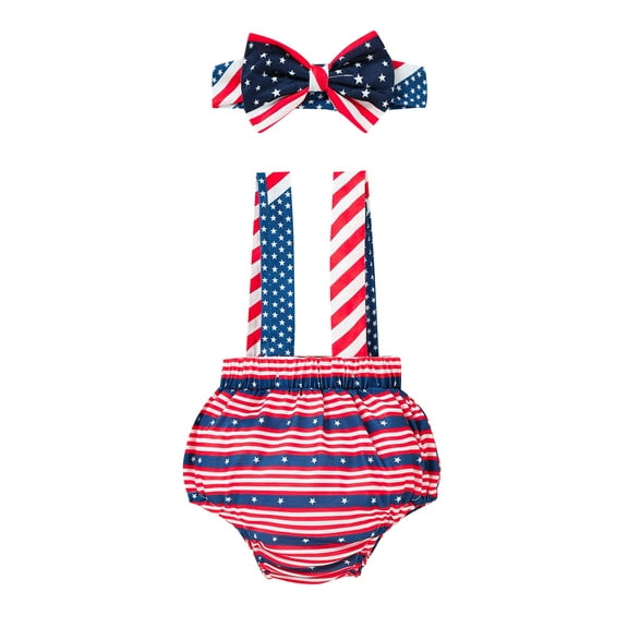 Bagilaanoe 2pcs Baby Girls 4th of July Outfits Stars Stripe Print Suspenders Romper Jumpsuit Bow Headband Independence Day Sets