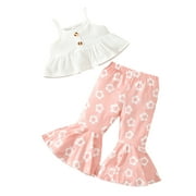 Bagilaanoe 2pcs Baby Girls Summer Outfit Sets 6 12 18 24 Months Sleeveless Ribbed Sling Vest Tops + Pink Floral Flared Pants