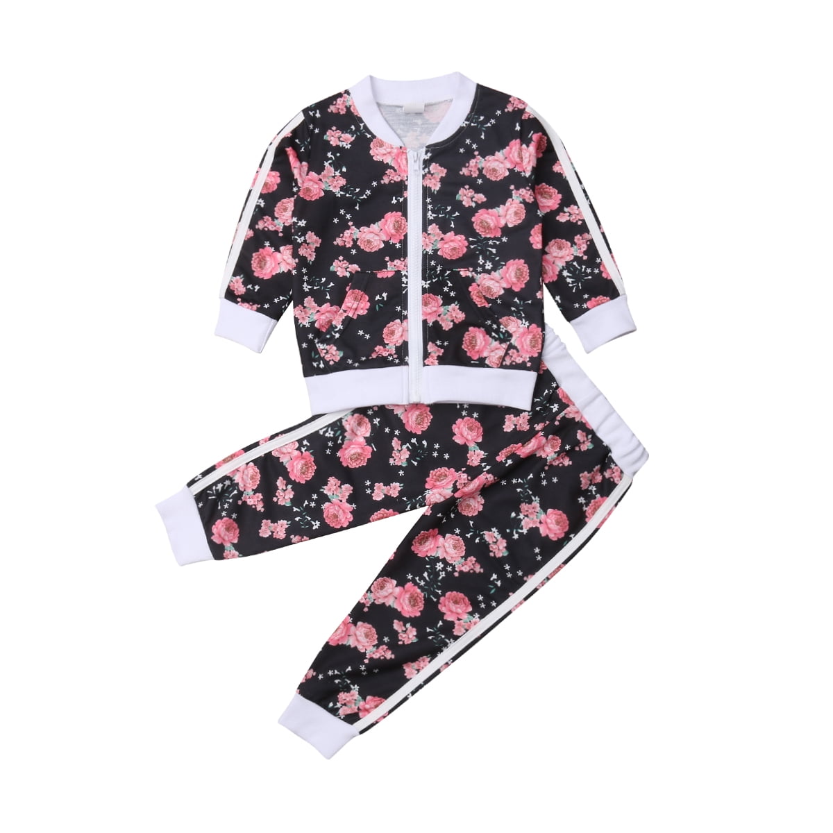 Bagilaanoe 2pcs Little Girl Long Pants Set Floral Print Long Sleeve Zipper Sweatshirt Pullover Tops + Sweatpants 2T 3T 4T 5T 6T 7T Kids Casual Sweatsuits