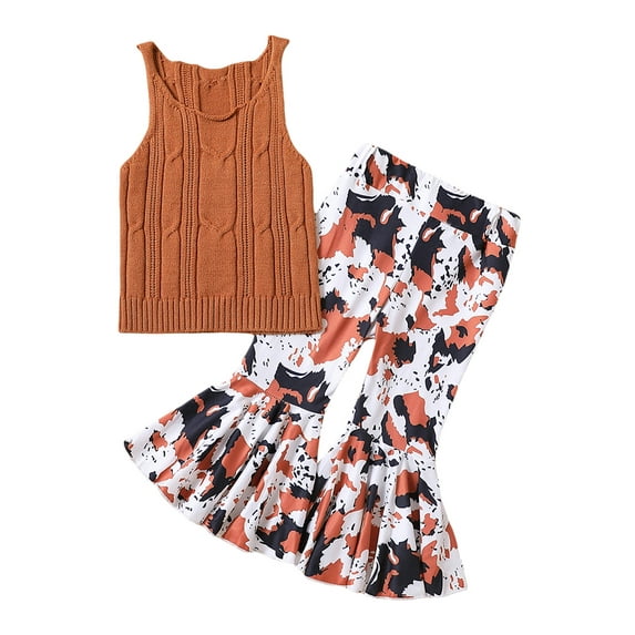 Bagilaanoe 2pcs Little Girl Long Pants Set Sleeveless Tank Tops + Print Flare Trousers 2T 3T 4T 5T 6T 7T Kids Casual Outfits