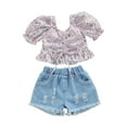 thumbnail image 1 of Bagilaanoe 2pcs Little Girl Short Pants Set Short Sleeve Floral Print Ruffle Shirt Tops + Denim Shorts 1T 2T 3T 4T 5T 6T 7T Kids Casual Summer Outfits, 1 of 7
