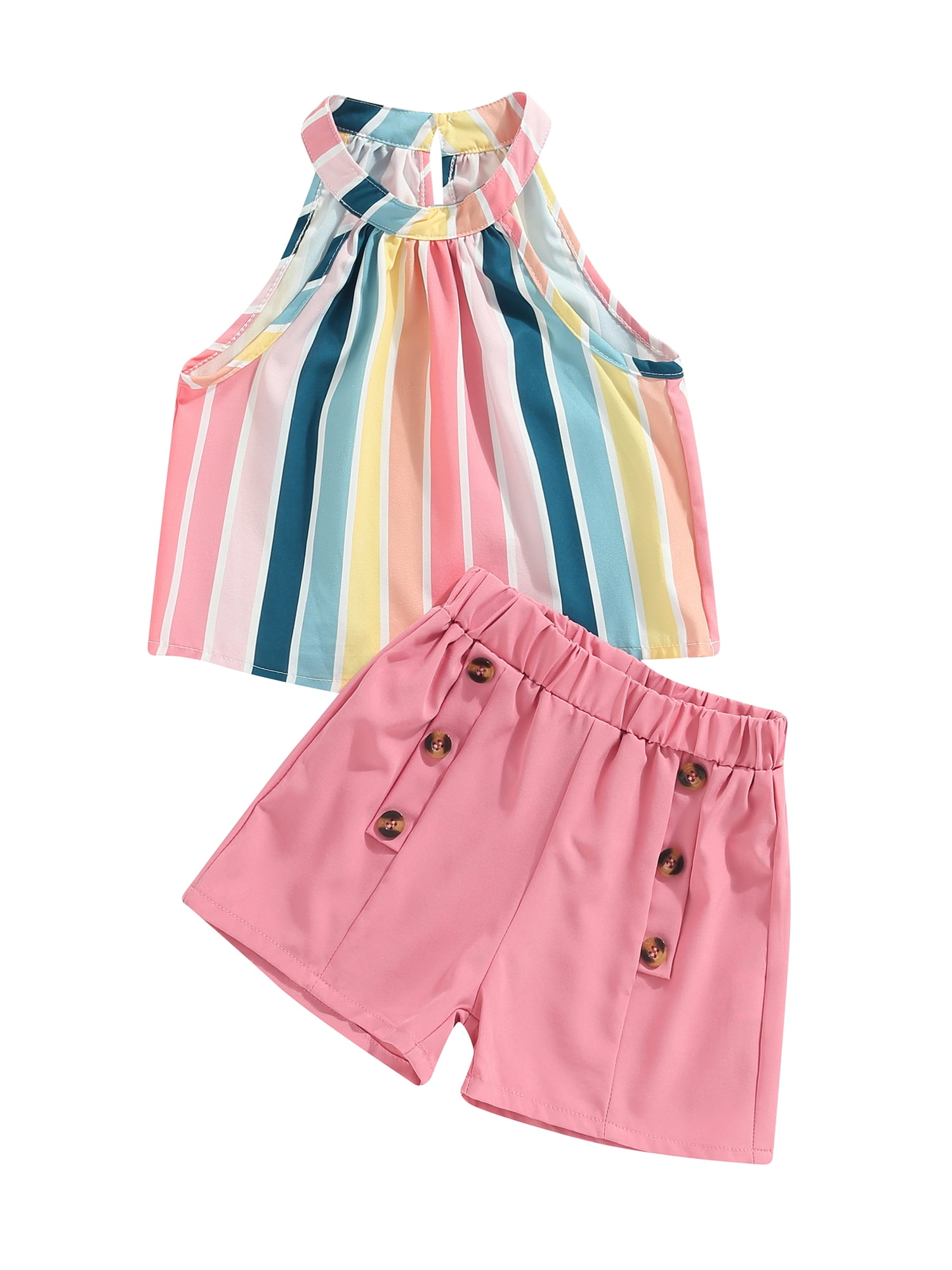 Bagilaanoe 2pcs Little Girl Short Pants Set Sleeveless Striped Print