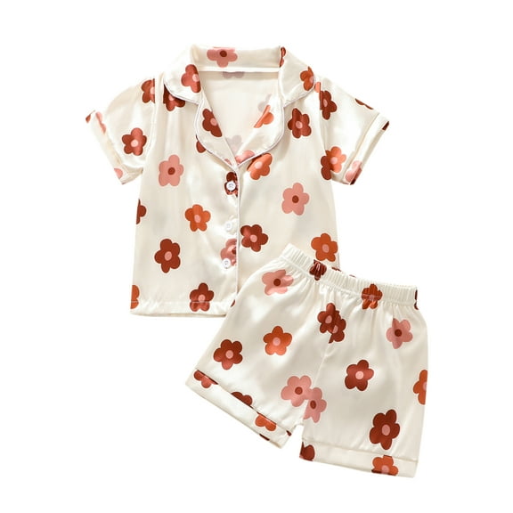 Bagilaanoe 2pcs Little Girl Summer Pajamas Sets Flower Print Short Sleeve Shirts Tops + Shorts 1T 2T 3T 4T 5T 6T 7T Kids Loungewear Sleepwear