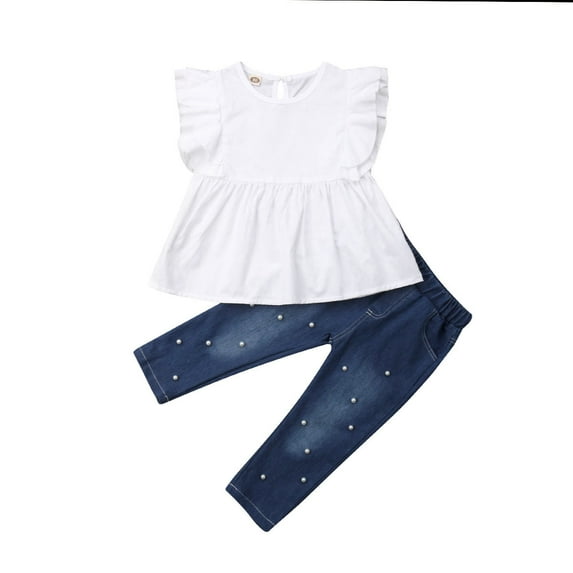 Bagilaanoe 2pcs Little Girls Long Pants Set Sleeveless Ruffle Shirt Tops + Jeans Denim Trousers 2T 3T 4T 5T 6T 7T Kids Casual Outfits