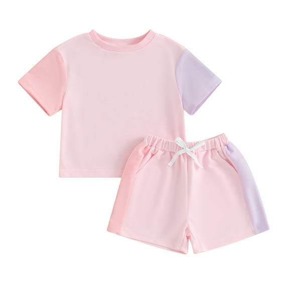 Bagilaanoe 2pcs Little Girls Outfits Toddler Shorts Set Short Sleeve Contrast Color T Shirt Tops + Shorts 2T 3T 4T 5T 6T Kids Casual Summer Clothes
