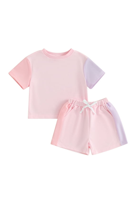 2pcs Little Girls Outfits Toddler Shorts Set Short Sleeve Contrast Color T Shirt Tops + Shorts 2T 3T 4T 5T 6T Kids Casual Summer Clothes