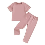 BAGILAANOE 2pcs Little Girls Pants Set Toddler Summer Outfits Short Sleeve T-shirts Tops + Leggings 3T 4T 5T 6T 7T 8T Kids Casual Clothes