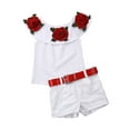 thumbnail image 1 of Bagilaanoe 2pcs Little Girls Short Pants Set  Off Shoulder Floral Embroidery Crop Tops + Shorts with Belt 1T 2T 3T 4T 5T 6T 7T Kids Casual Summer Outfits, 1 of 7
