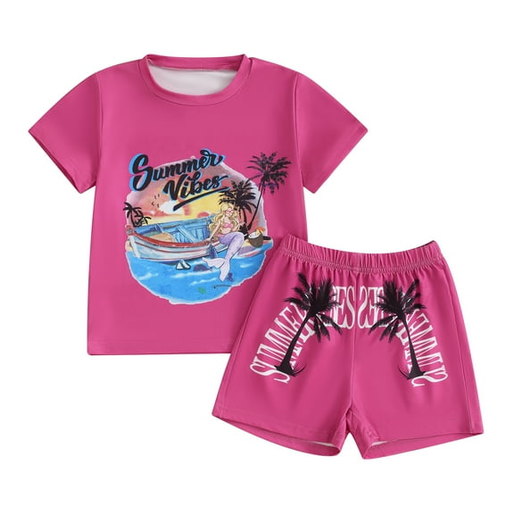 Bagilaanoe 2pcs Little Girls Shorts Set Toddler Short Sleeve Print T Shirt Tops + Shorts 4T 5T 6T 7T Kids Casual Summer Clothes