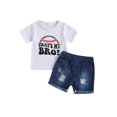 thumbnail image 1 of Bagilaanoe 2pcs Newborn Baby Boy Short Pants Set Short Sleeve Letter Print T Shirt Tops + Ripped Denim Shorts 3M 6M 9M 12M 18M 24M Infant Casual Summer Outfits, 1 of 8