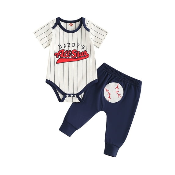 Bagilaanoe 2pcs Newborn Baby Boys Holiday Outfits Pants Set Striped Letters Short Sleeve Romper Tops + Leggings 3M 6M 12M 18M Infant Casual Clothes