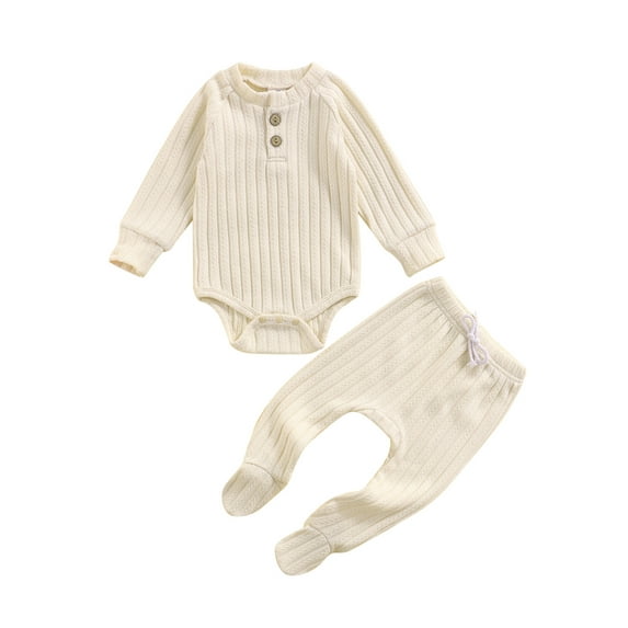 Bagilaanoe 2pcs Newborn Baby Girl Boy Long Pants Set Ribbed Long Sleeve Romper Tops + Footed Trousers 3M 6M 9M 12M 18M Infant Fall Casual Outfits