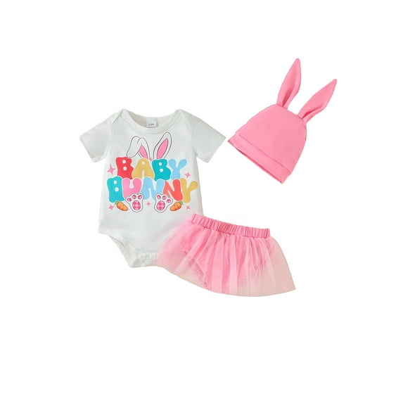 Bagilaanoe 2pcs Newborn Baby Girl Easter Outfits Shorts Set Short Sleeve Letter Print Romper Tops + Tulle Shorts + Hat 3M 6M 12M 18M Infant Casual Summer Clothes