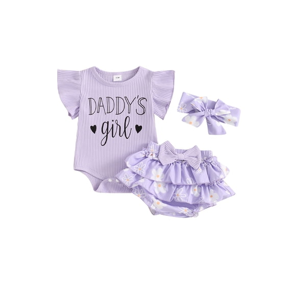 Bagilaanoe 2pcs Newborn Baby Girl Father's Day Outfits Shorts Set Fly Sleeve Letter Print Romper Tops   Floral Shorts   Heaband 3M 6M 9M 12M 18M Infant Casual Summer Clothes