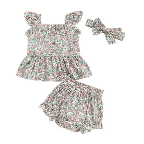 Bagilaanoe 2pcs Newborn Baby Girl Floral Shorts Set Fly Sleeve Camisole Tops + Shorts + Headband 6M 12M 18M 24M Infant Casual Summer Clothes