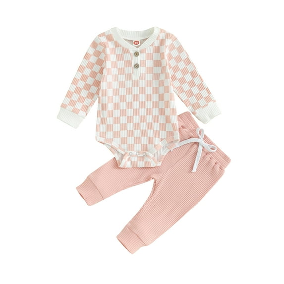 Bagilaanoe 2pcs Newborn Baby Girl Pants Set Long Sleeve Checkerboard Romper Tops + Sweatpants 3M 6M 12M 18M 24M Infant Casual Clothes