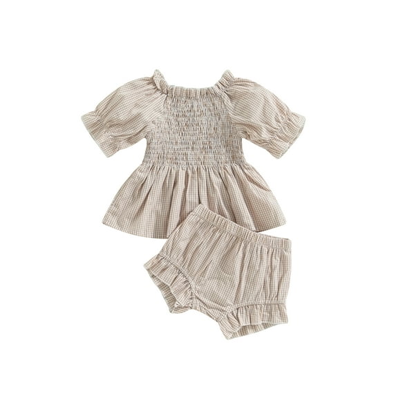 Bagilaanoe 2pcs Newborn Baby Girl Short Pants Set Plaid Short Puff Sleeve Shirts Tops   Shorts 6M 12M 18M 24M Kids Infant Casual Summer Outfits