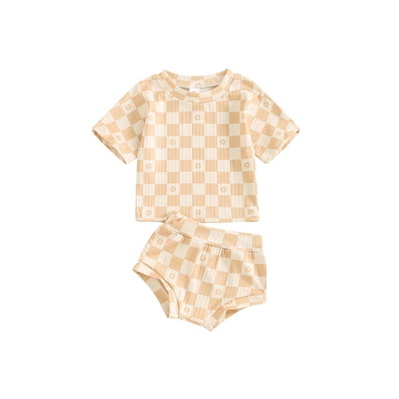 Bagilaanoe 2pcs Newborn Baby Girl Shorts Set Short Sleeve Checkerboard Print T Shirt Tops + Shorts 6M 12M 18M 24M Infant Casual Summer Clothes