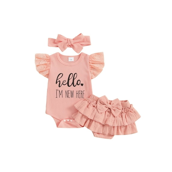 Bagilaanoe 2pcs Newborn Baby Girl Shorts Set Short Sleeve Letter Print Romper Tops + Ruffles Shorts + Headband 3M 6M Infant Casual Summer Clothes