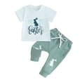 thumbnail image 1 of Bagilaanoe 2pcs Newborn Easter Outfits Baby Boy Pants Set Letter Print Short Sleeve T-Shirt Tops + Sweatpants 3M 6M 12M 18M Infant Casual Clothes, 1 of 8