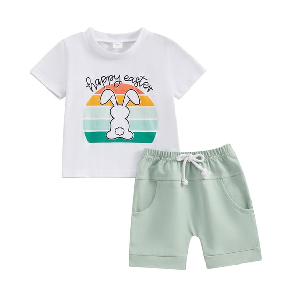 Bagilaanoe 2pcs Newborn Easter Outfits Baby Boy Shorts Set Short Sleeve Print T Shirt Tops + Shorts 6M 12M 18M 24M Infant Casual Summer Clothes
