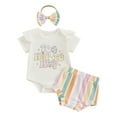 thumbnail image 1 of Bagilaanoe 2pcs Newborn Easter Outfits Baby Girl Shorts Set Short Sleeve Letter Print Romper Tops + Striped Shorts + Hairband 3M 6M 12M 18M Infant Casual Summer Clothes, 1 of 9