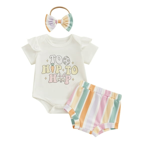 Bagilaanoe 2pcs Newborn Easter Outfits Baby Girl Shorts Set Short Sleeve Letter Print Romper Tops + Striped Shorts + Hairband 3M 6M 12M 18M Infant Casual Summer Clothes
