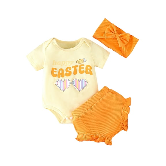 Bagilaanoe 2pcs Newborn Easter Outfits Baby Girl Shorts Set Short Sleeve Letter Print Rompers Tops   Shorts   Headband 3M 6M 12M 18M Infant Casual Summer Clothes
