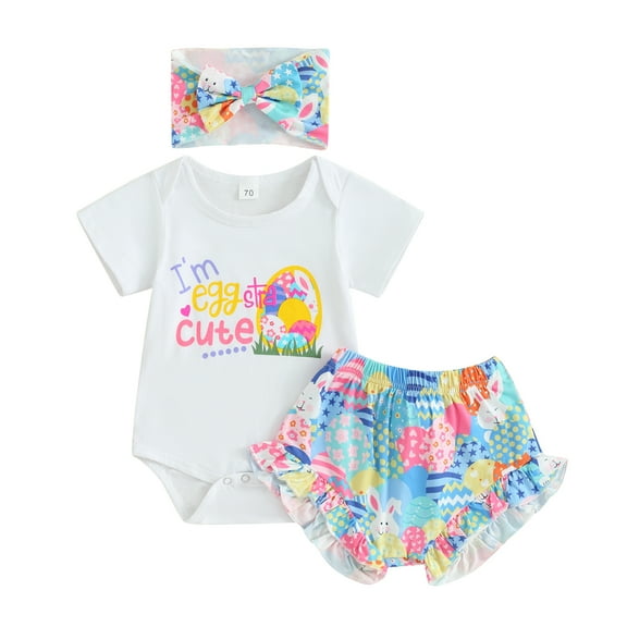 Bagilaanoe 2pcs Newborn Easter Outfits Baby Girl Shorts Set Short Sleeve Print Romper Tops   Ruffle Shorts   Headband 3M 6M 12M 18M 24M Infant Casual Summer Clothes