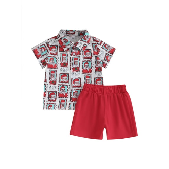 Bagilaanoe 2pcs Toddler Baby Boy Christmas Clothes Short Sleeve Santa Claus Print Shirt Tops + Shorts 6M 18M 2T 3T 4T 5T Kids Gentleman Short Pants Set