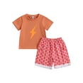 thumbnail image 1 of Bagilaanoe 2pcs Toddler Baby Boy Girl Short Pants Set Short Sleeve Graphic Print T Shirt Tops + Shorts 6M 18M 24M 3T 4T 5T Kids Casual Summer Outfits, 1 of 8