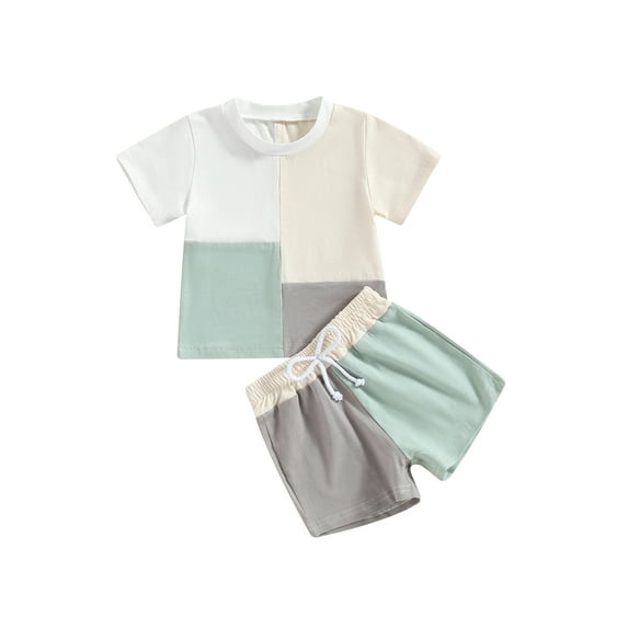 Bagilaanoe 2pcs Toddler Baby Boy Girl Short Pants Set Short Sleeve Contrast Color Patchwork T Shirt Tops + Shorts 6M 12M 18M 24M 3T Kids Casual Summer Outfits