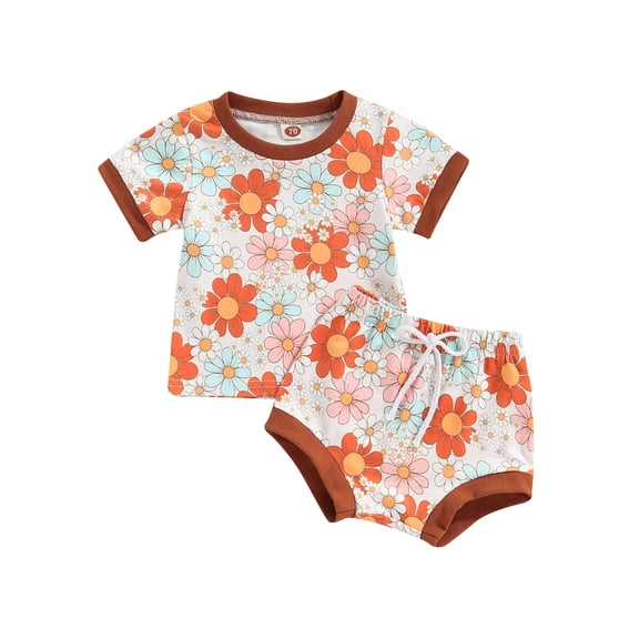 Bagilaanoe 2pcs Toddler Baby Boy Girl Short Pants Set Short Sleeve Sun/Floral Print T Shirt Tops + Shorts 6M 12M 18M 24M 3T Kids Casual Summer Outfits