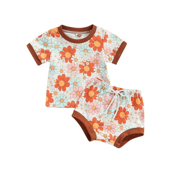 Bagilaanoe 2pcs Toddler Baby Boy Girl Short Pants Set Short Sleeve Sun/Floral Print T Shirt Tops + Shorts 6M 12M 18M 24M 3T Kids Casual Summer Outfits