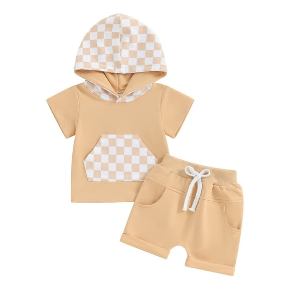 Bagilaanoe 2pcs Toddler Baby Boy Girl Shorts Set Short Sleeve Checkerboard Print Hooded Tops + Shorts 6M 12M 18M 24M 3T Kids Casual Summer Clothes