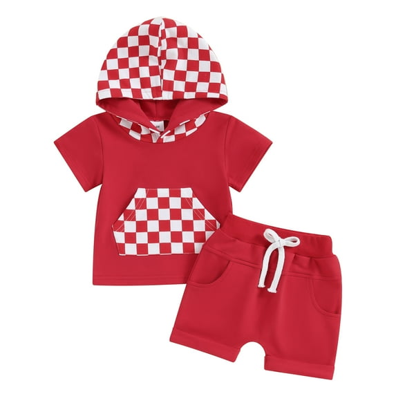 Bagilaanoe 2pcs Toddler Baby Boy Girl Shorts Set Short Sleeve Checkerboard Print Hooded Tops + Shorts 6M 12M 18M 24M 3T Kids Casual Summer Clothes