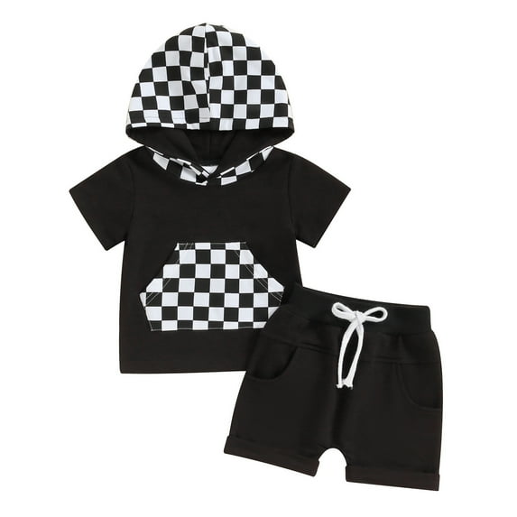 Bagilaanoe 2pcs Toddler Baby Boy Girl Shorts Set Short Sleeve Checkerboard Print Hooded Tops + Shorts 6M 12M 18M 24M 3T Kids Casual Summer Clothes