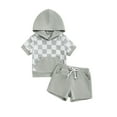 thumbnail image 1 of Bagilaanoe 2pcs Toddler Baby Boy Girl Shorts Set Short Sleeve Checkerboard Print Hooded Tops + Shorts 6M 12M 18M 24M 3T Kids Casual Summer Clothes, 1 of 8